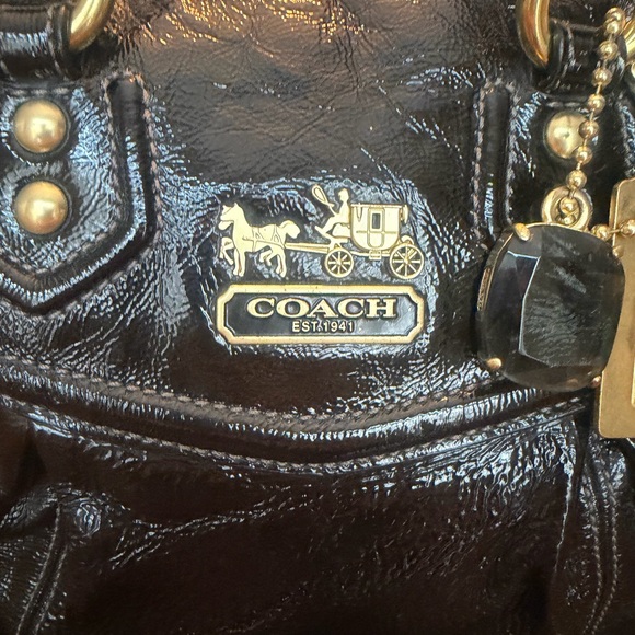 Coach Shiny Black Leather Medium Satchel with Gold Accents - Picture 2 of 5